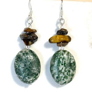 2/$20, Green Tree Agate & Tigers Eye Earrings, Gemstone & Sterling Silver Hooks